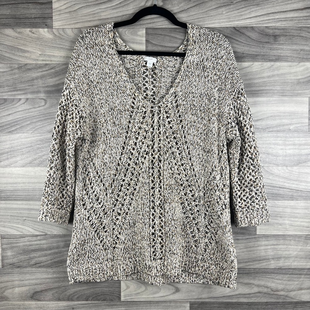 J.Jill Pullover Sweater Womens‎ S Beige Metallic Open Knit V Neck 3/4 Sleeve